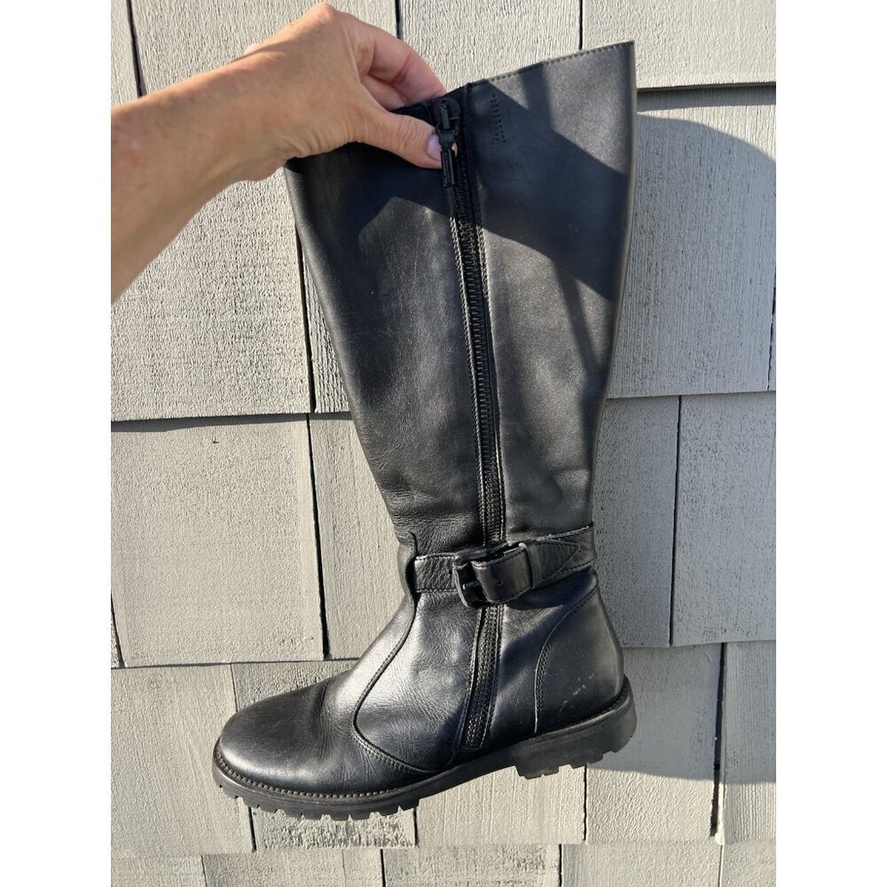 BURBERRY black leather biker moto tall lug sole boots biker designer 39.5 - Picture 10 of 16